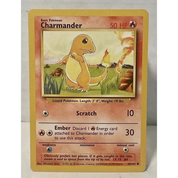 Charmander 46/102 Non Holo 1999 Pokemon Card Base Set Authentic Vintage‎ LP NM - Picture 1 of 6